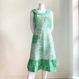 Vintage Cottage Core Micro Chintz Floral Emerald Green  Ruffle Hem Midi Dress S